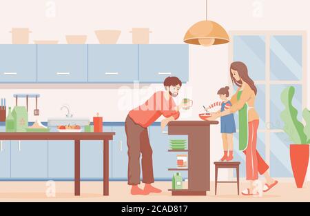 Familienzeitvektor flache Abbildung. Glückliche Mutter, Vater und Tochter kochen Pfannkuchen oder Kuchen zum Frühstück zusammen in der Küche. Alltag. Moderne Küche Inneneinrichtung. Stock Vektor