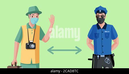 Halten Sie soziale Distanz während Quarantäne-Poster-Vorlage. Reisende oder Touristen und Polizist in schützenden Gesichtsmasken halten soziale Distanz, um Virus Verbreitung Vektor flache Illustration zu verhindern. Stock Vektor