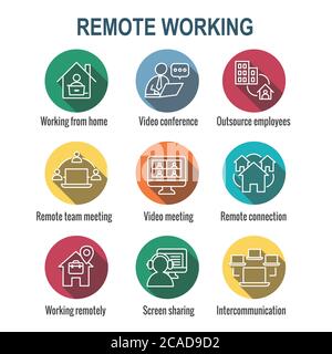 Remote Work Icon Set – Arbeiten von zu Hause aus, Video Meetings usw. Stock Vektor