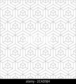 Abstrakter 3D-Hintergrund isometrischer hexagonaler Formen. Dünne schwarze Kontur Vektor nahtlose Muster Design. Stock Vektor