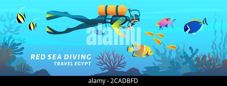 Reise Ägypten Cartoon Banner. Red Sea Tauchplakat. Taucher schwimmen unter Wasser unter Korallenrifffischen, Vektor-Illustration in flachem Stil Stock Vektor