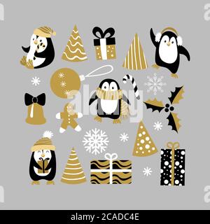 Weihnachtsdekoration Set mit Pinguinen für Postkarten und Hintergründe. Vektorgrafik. Stock Vektor
