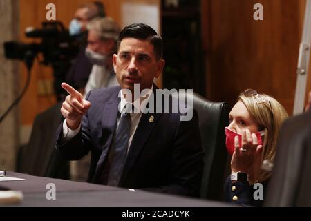 Washington, Usa. August 2020. Der amtierende Minister für Heimatschutz Chad Wolf bezeugt den Einsatz von Bundesagenten während der Proteste in Portland während einer Anhörung des Ausschusses für Heimatschutz und Regierungsangelegenheiten des Senats am 6. August 2020 in Washington, DC Foto von Alex Wong/UPI Quelle: UPI/Alamy Live News Stockfoto