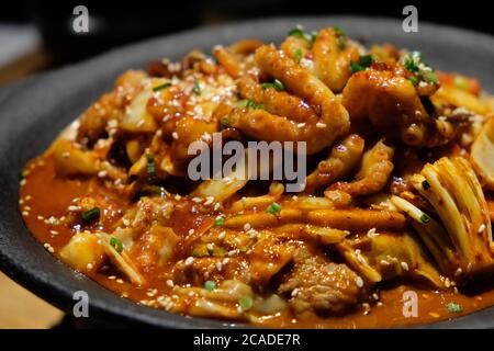 Nahaufnahme Octopus und eingelegtes Schweinefleisch in schwarzem Topf. Beliebte koreanische Küche. Hintergrund verwischen Stockfoto