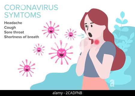 Zeichen Infografik mit Cartoon hat Husten, Fieber, Halsschmerzen und Erkältung in Coronavirus oder Covid-19 Ausbruch. Stock Vektor