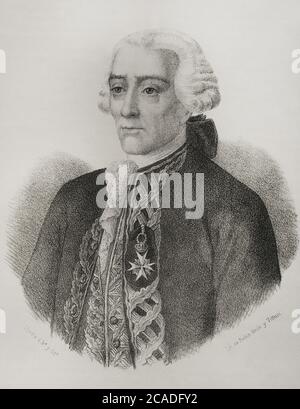 Jorge Juan y Santacilia (1713-1773). Spanischer Marineoffizier und Wissenschaftler. Porträt, 19. Jahrhundert. Illustration von Llanta. Lithographie. Cronica General de España. Historia Ilustrada y Descriptiva de sus Provincias. Valencia, 1867. Stockfoto