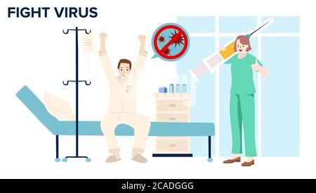 Arzt mit Spritze und zufrieden mit den Ergebnissen eines Patienten negativ auf COVID 19 oder Corona-Virus getestet. Vektorgrafik Stock Vektor