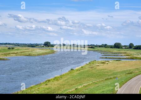 Typisch holländische Flusslandschaft mit Kühen, Grünland, Auen und dem Rhein mit Groyne in Flussbiegung bei Wageningen, Gelderland, der Stockfoto