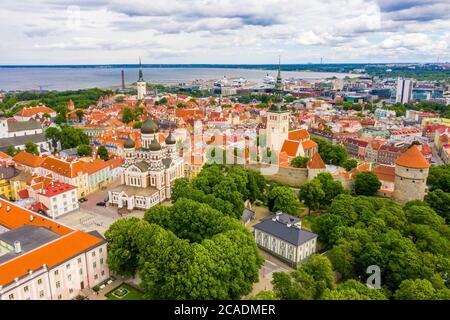 Luftaufnahme der Altstadt von Tallinn mit orangefarbenen Dächern, Kirchtürmen und engen Gassen Stockfoto