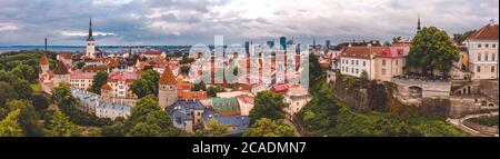 Luftaufnahme der Altstadt von Tallinn mit orangefarbenen Dächern, Kirchtürmen und engen Gassen Stockfoto