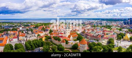 Luftaufnahme der Altstadt von Tallinn mit orangefarbenen Dächern, Kirchtürmen und engen Gassen Stockfoto