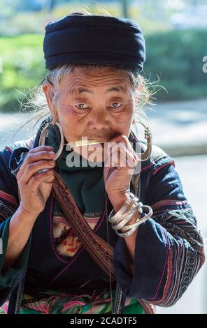 Sapa, Lao Cai Provinz, Vietnam - 25. November 2014: Hmong alte Frau auf einem dan moi und trägt traditionelle Kleidung in Sapa Stadt Stockfoto