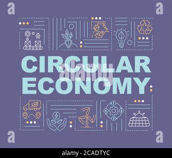 Circular Economy Modell Wort Konzepte Banner. Alternative Energieerzeugung. Infografiken mit linearen Symbolen auf violettem Hintergrund. Isolierte Typografie. Stock Vektor