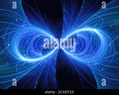 Blau glühendes Infinity-Zeichen mit Partikeln, computergenerierter abstrakter Hintergrund, 3D-Rendering Stockfoto