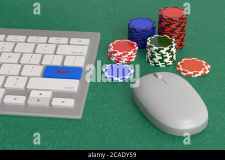 Computertastatur mit einer Taste mit dem Text 'BET' neben Casino-Chips. Online-Glücksspiel-Konzept. 3d-Illustration. Stockfoto