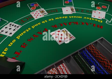 Allgemeine Ansicht eines Blackjack-Tisches mit Karten und Chips. 3d-Illustration. Stockfoto