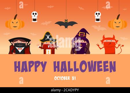 Kinder im Halloween Kostüm und Fantasy Gesichtsmaske auf Happy Halloween Banner mit dekorierten Kürbis, Totenkopf und Fledermaus. Stock Vektor