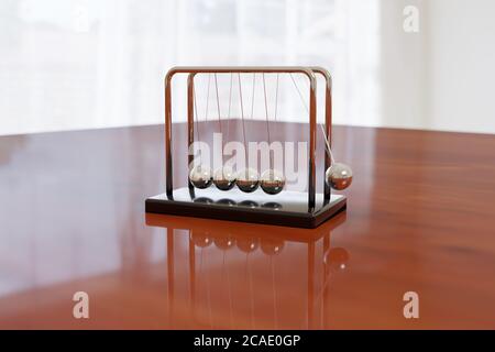 Newtons Wiege schwingt auf einem Holztisch mit hellem Hintergrund. Balance-Konzept. Abbildung 3d. Stockfoto