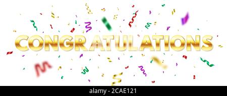 Herzlichen Glückwunsch langes Banner mit goldenem Text und Farbkonfetti. Party-Deko. Gratulieren Grußkarte auf weißem Hintergrund. Gold Folie Textur mit Stock Vektor