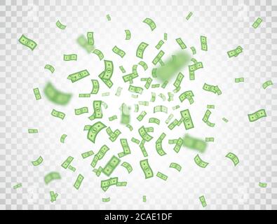 Dollar-Banknoten fallen auf transparenten Hintergrund. Dollar Symbol Explosion. Geld in einem flachen Stil. Cartoon-Cash-Schild. Währungssammlung. Papierbank Stock Vektor