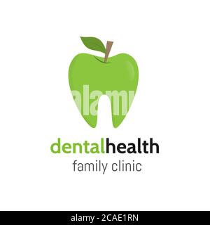 Zahngesundheit. Zahnlogo als grüner Apfel mit Blatt. Dental Familie Klinik Logotyp. Vektorzähne. Stock Vektor