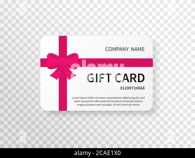 Geschenkkarte mit rosa Schleife und Band auf transparentem Hintergrund. Geschenkgutschein. Vorlage für das Kreditkartendesign. Einkaufsschein. Vektorgrafik. Stock Vektor