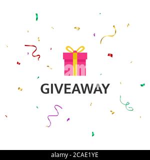 Giveaway Banner mit hellen Geschenk-Box und Farbe Konfetti. Werbegeschenk Gewinner Poster. Hintergrund für soziale Medien. Designelemente für Geschäftskonto, Werbung Stock Vektor