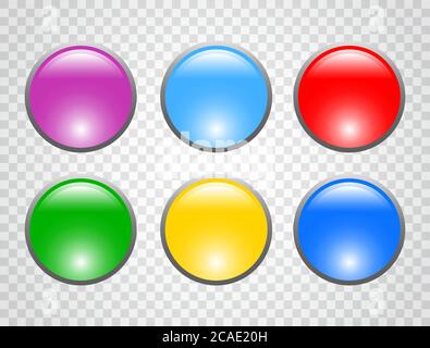 Satz farbiger runder Tasten auf transparentem Hintergrund. Web 3d-Schaltflächen. Vektorgrafik. Stock Vektor