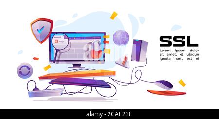 SSL, sicheres Zertifikat des Website-Banners. Konzept der Sicherheit Internet-Technologie, Datenverschlüsselungsprotokoll. Vektor-Cartoon-Illustration mit Browser auf dem Computerbildschirm, Schild mit Häkchen und Vorhängeschloss Stock Vektor