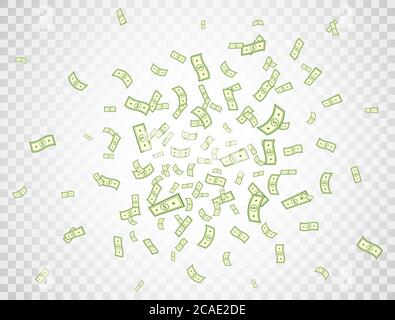 Dollar fliegt auf transparentem Hintergrund. Explosion der Banknoten-Symbole. Geld in einem flachen Stil. Cartoon-Cash-Schild. Währungssammlung. Dollarscheine. Papier Stock Vektor
