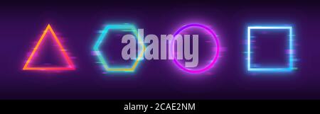 Glitch Neon Formen. Verzerrte Farbformen. Dreieck, Sechseck, Kreis und Quadrat. Futuristische Poster-Vorlage. Helle Trendfiguren mit Farbverläufen. Vec Stock Vektor