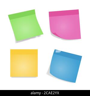 Haftnotizen. Vier bunte Blätter von Notizpapieren isoliert auf weißem Hintergrund. Unterschiedliche Farben und Schatten. Stock Vektor