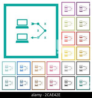 Traceroute Remote-Computer flache Farbsymbole mit Quadranten Rahmen auf weißem Hintergrund Stock Vektor