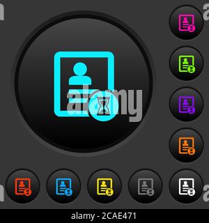 Dunkle Drucktasten für die Kontaktverarbeitung mit lebendigen Farbsymbolen auf dunkelgrauem Hintergrund Stock Vektor