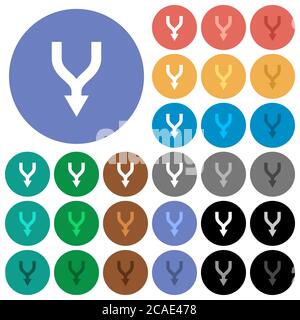 Pfeile nach unten mehrfarbige flache Symbole auf runden Hintergründen zusammenführen. Im Lieferumfang enthalten sind weiße, helle und dunkle Symbolvarianten für Schwebeeffekt und aktive Statuseffekte, ein Stock Vektor