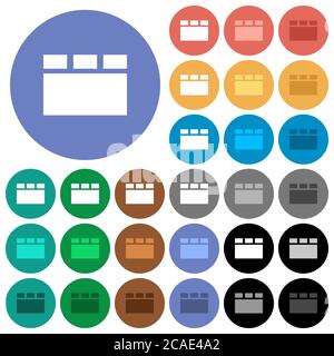 Horizontale Tabbed Layout mehrfarbige flache Symbole auf runden Hintergründen. Im Lieferumfang enthalten sind Varianten mit weißen, hellen und dunklen Symbolen für schwebe- und aktiven Status eff Stock Vektor