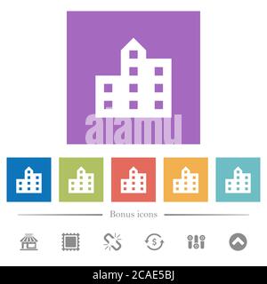 Stadt Silhouette flache weiße Symbole in quadratischen Hintergründen. 6 Bonus-Symbole enthalten. Stock Vektor