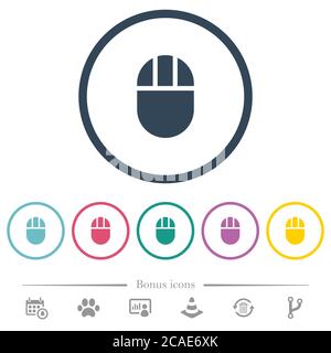Drei knöpfbare Computermaus flache Farbsymbole in runden Umrissen. 6 Bonus-Symbole enthalten. Stock Vektor