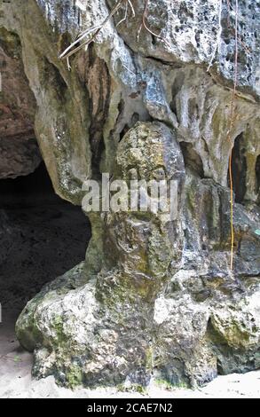 Carving von Pre-Columbus Native Americans an Cave Mouth Los Haitises NP, Dominikanische Republik Januar 2014 Stockfoto