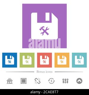 Datei-Tools flache weiße Symbole in quadratischen Hintergründen. 6 Bonus-Symbole enthalten. Stock Vektor