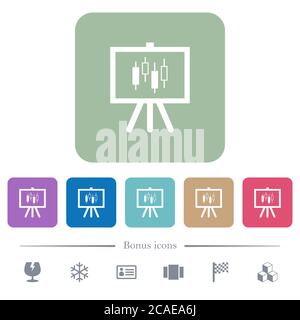 Präsentationstisch mit Kerzenständer Chart weiße flache Symbole auf Farbe gerundeten quadratischen Hintergründen. 6 Bonus-Symbole enthalten Stock Vektor