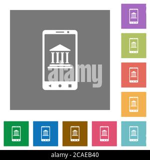 Mobile Banking flache Symbole auf einfachen farbigen quadratischen Hintergründen Stock Vektor