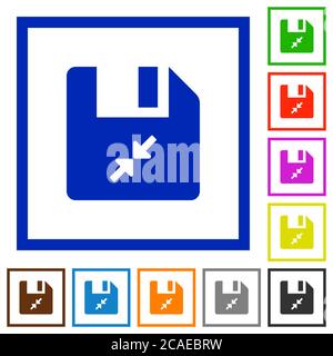 Komprimieren Sie flache Farbsymbole in quadratischen Rahmen auf weißem Hintergrund Stock Vektor