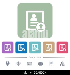 Laden Sie weiße flache Symbole für Kontakte auf abgerundeten quadratischen Hintergründen hoch. 6 Bonus-Symbole enthalten Stock Vektor