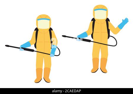 Arbeiter in einem persönlichen gelben Schutzanzug Design. Stock Vektor