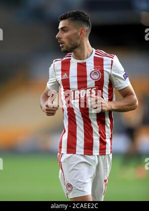 Olympiakos' Giorgos Masouras während des UEFA Europa League-Spiels von 16 Sekunden im Molineux Stadium, Wolverhampton. Donnerstag, 6. August 2020. Siehe PA Geschichte Soccer Wolves. Bildnachweis sollte lauten: Mike Egerton/PA Wire. Stockfoto