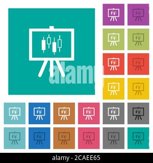 Präsentationstisch mit Kerzenständer-Diagramm mehrfarbige flache Symbole auf einfachen quadratischen Hintergründen. Weiße und dunklere Symbolvarianten für Hover oder enthalten Stock Vektor