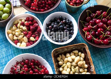 Reife, saftige Mischung Johannisbeere, Kirschen, Stachelbeeren, Erdbeeren in einem weißen Gericht auf blauem Hintergrund. Beerenhintergrund, Komposition mit Beeren Stockfoto