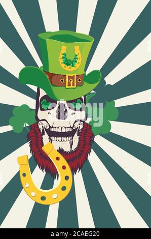 Abstrakter menschlicher Schädel mit Kleeblatt-Blättern-Design für St. Patrick's Day. Stock Vektor