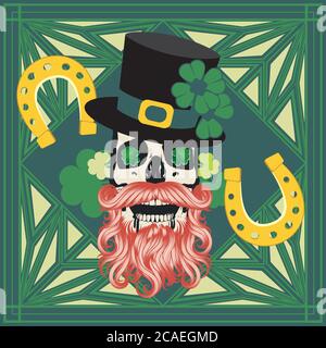 Abstrakter menschlicher Schädel mit Kleeblatt-Blättern-Design für St. Patrick's Day. Stock Vektor